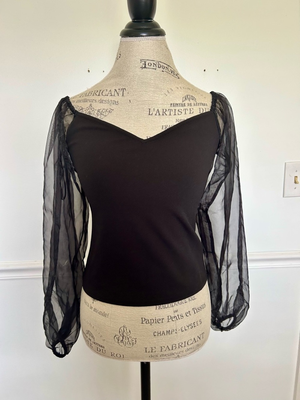 Express Black Sheer Puff-Sleeve Sweetheart Top